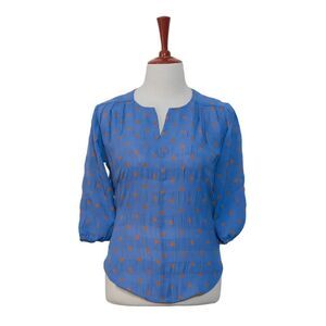 Womens Blouse Polka Dot Blue Brown Chiffon 3/4 Sleeve V-Neck Casual Top Large